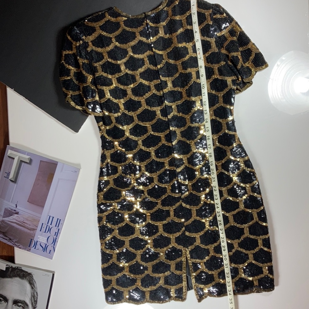 Lawrence Kazar VTG Black & Gold Sequin Cocktail Dress - Picture 2 of 5